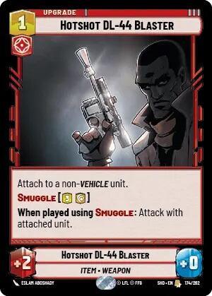 A card from the Shadows of the Galaxy game titled "Hotshot DL-44 Blaster (174/262) [Shadows of the Galaxy]" by Fantasy Flight Games. It has a red border and features an illustration of a man holding a futuristic gun. This rare card shows in-game details like cost ("1"), attributes (Smuggle), and effects ("When played using Smuggle: Attack with attached unit").