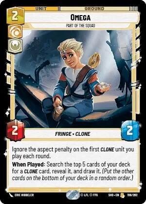 A card from "Shadows of the Galaxy" featuring "Omega - Part of the Squad (198/262) [Shadows of the Galaxy]" by Fantasy Flight Games. It displays a character with short white hair, holding a device in her left hand and giving a thumbs-up with her right. This rare unit has strength and defense of 2, abilities include ignoring penalties for clone units and searching the deck for clone cards.