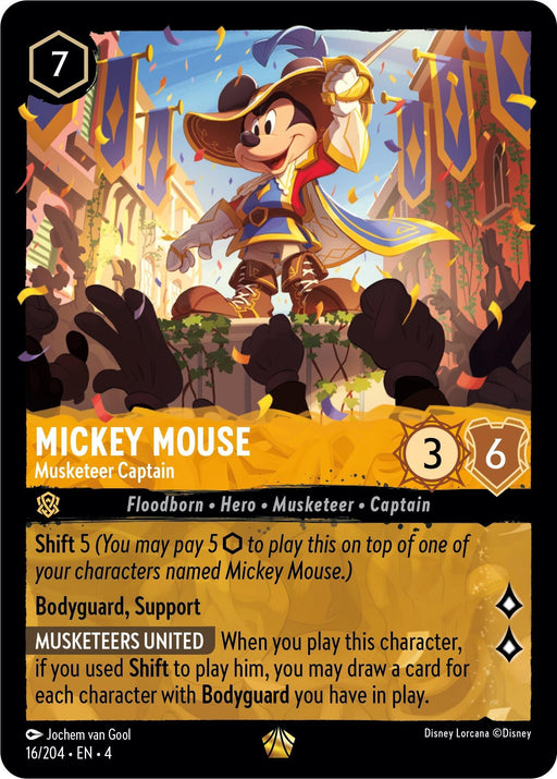 A trading card titled "Mickey Mouse - Musketeer Captain (16/204) [Ursula's Return]" from Disney. It features Mickey Mouse dressed as a musketeer holding a sword. The card has various stats: "7" cost, "3" strength, and "6" willpower. Special abilities include "Shift 5" and "Musketeers United." Card number 16/204 marks its legendary status.