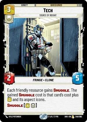 A rare card from "Tech - Source of Insight (248/262) [Shadows of the Galaxy]" by Fantasy Flight Games featuring the character Tech, described as a "fringe clone." It has a cost of 3 with statistics of 2 melee damage and 5 health. The ability states: "Each friendly resource gains Smuggle. The gained Smuggle cost is that card's cost plus 2 and its aspect icons.
