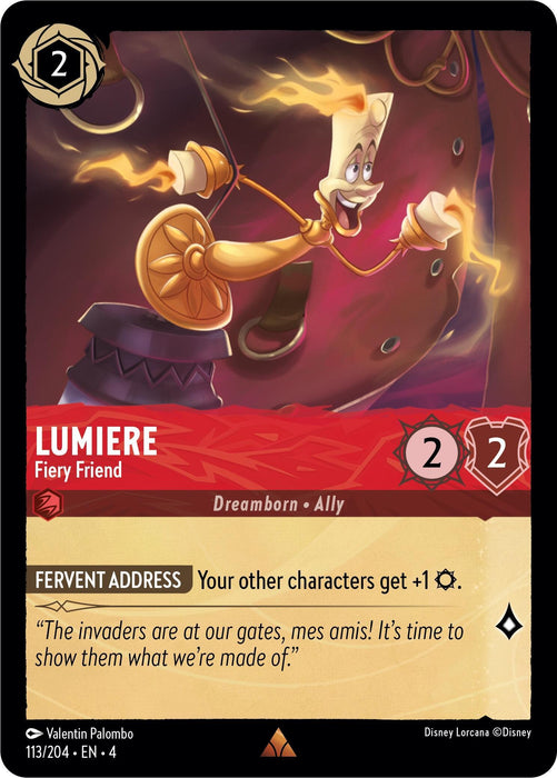 A rare Disney Lorcana trading card featuring "Lumiere - Fiery Friend (113/204) [Ursula's Return]." Lumiere is depicted as an animated candelabra with a vibrant flame and an expressive face. The card has a strength and health value of 2 each and boasts the special ability, "Fervent Address," giving other characters +1 strength.