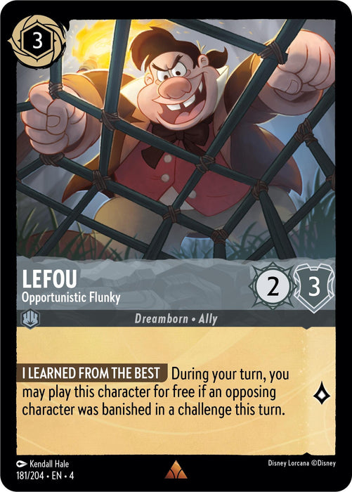 A card from the Disney game is displayed featuring LeFou - Opportunistic Flunky (181/204) [Ursula's Return]. In a dynamic action pose, he is seemingly trapped behind a net. It includes icons, stats (2/3), and a special ability: "I LEARNED FROM THE BEST," allowing unique gameplay mechanics. This rare card adds depth to your collection.
