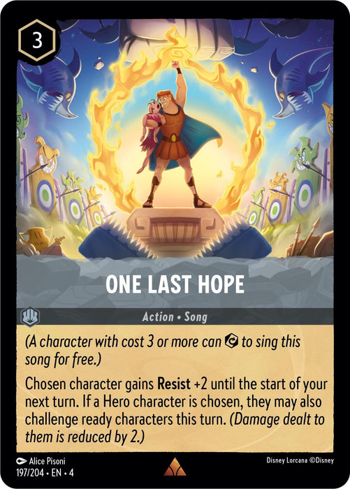 A rare Disney Lorcana game card titled "One Last Hope (197/204) [Ursula's Return]" with cost 3. It showcases a muscular man lifting a child on a mountain pedestal, encircled by a glowing yellow ring. This card provides Resist +2 to a chosen character and grants ready characters reduced damage.