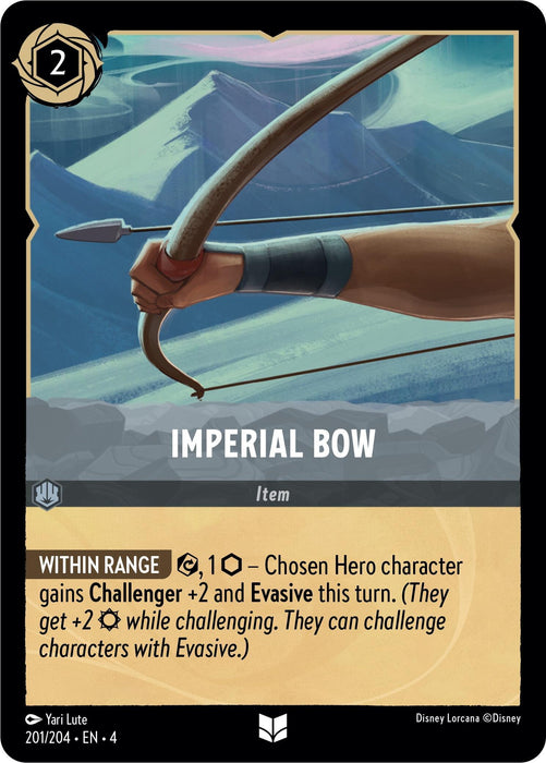 A trading card titled “Imperial Bow (201/204) [Ursula's Return]” features an illustration of an archer drawing a bow against a mountainous backdrop. Part of the Disney Lorcana series, it costs 2 ink and grants Challenger +2 and Evasive to a chosen hero character during challenging for the current turn.