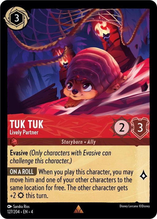 A rare Disney Lorcana trading card titled "Tuk Tuk - Lively Partner (127/204) [Ursula's Return]" with the cost 3 and attributes 2 Strength and 3 Willpower. The card depicts a brown creature, partially veiled under a shell, in a cave setting. It features the keyword "Evasive," along with descriptive and gameplay text at the bottom.