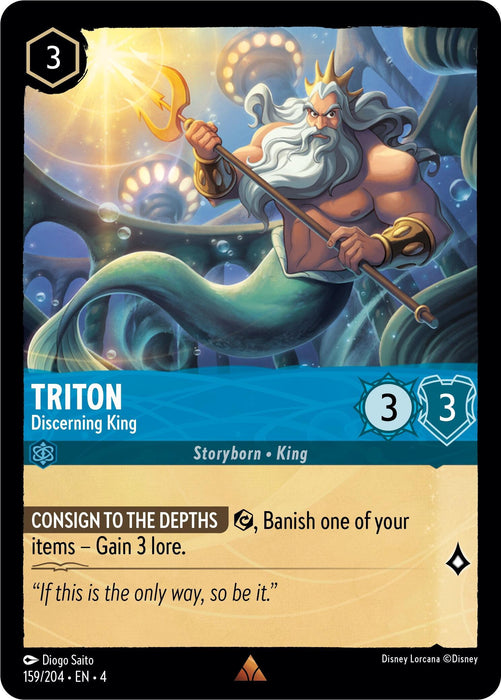 A Disney Lorcana card titled "Triton - Discerning King (159/204) [Ursula's Return]" depicts a muscular, bearded sea king holding a trident aloft in an underwater scene. This rare card has 3 strength and 3 willpower, with a special ability to banish an item to gain 3 lore. The artist is Diogo Saito, and it's card number 159 of 204.