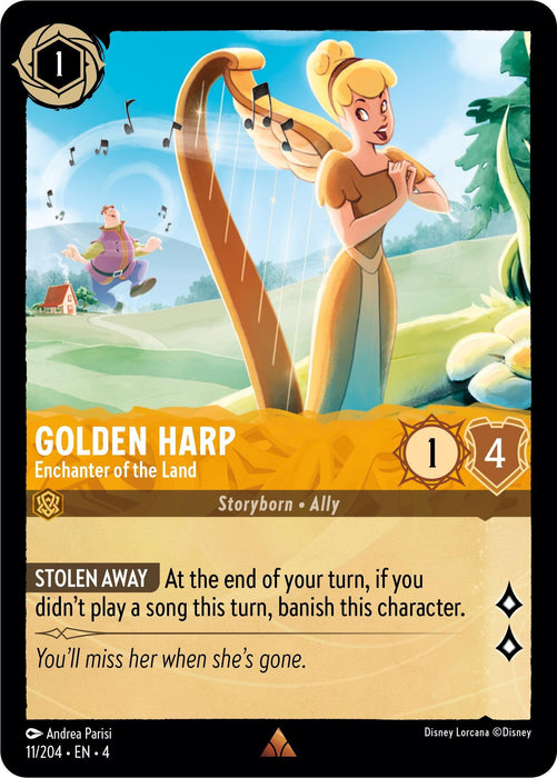 The image depicts a rare Disney game card titled "Golden Harp - Enchanter of the Land (11/204) [Ursula's Return]." It shows a blonde, fairy-like character known as the Enchanter of the Land playing a large golden harp with a serene landscape in the background, including a castle and musical notes. The card's details include cost (1), strength (1), and willpower (4), with the ability 'Stolen Away.'
