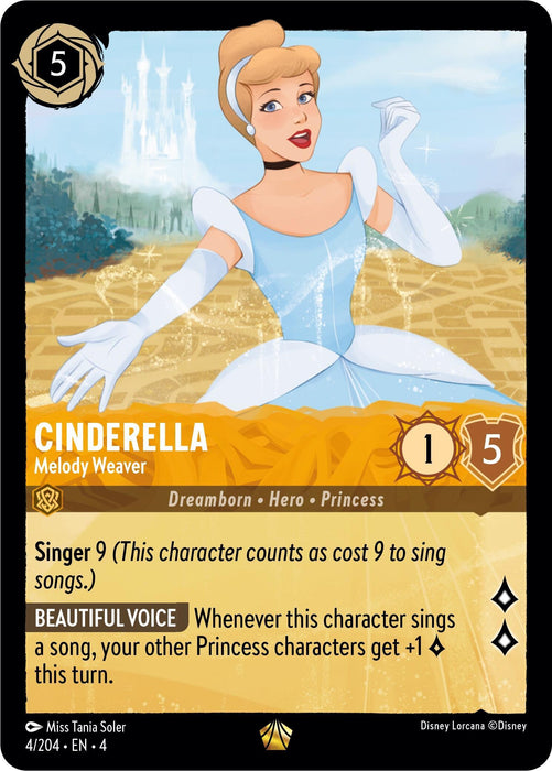 A trading card featuring Cinderella - Melody Weaver (4/204) [Ursula's Return] from Disney as a Legendary Melody Weaver. She is depicted in her iconic blue ball gown, white opera gloves, and black choker necklace. The card details include her name, cost (5), power (1), willpower (5), and abilities related to singing and enhancing other Princess characters.