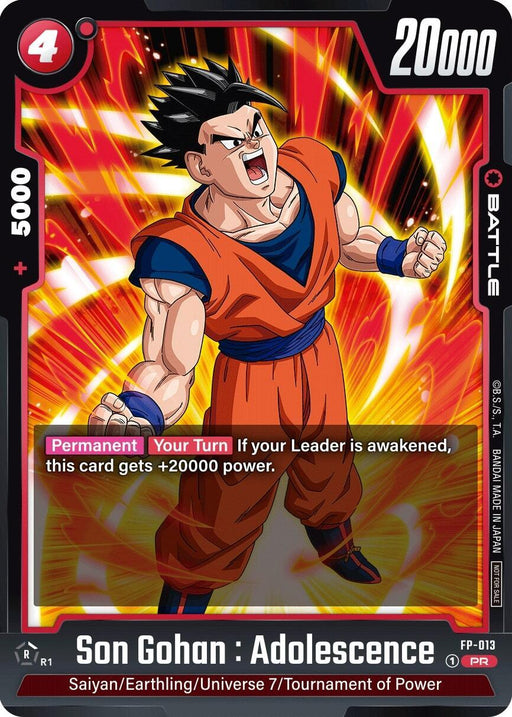 A Dragon Ball Super: Fusion World Promotion Card featuring Son Gohan : Adolescence (FP-013) from Fusion World Promotion Cards. He is shown mid-battle, wearing an orange gi with a blue undershirt and wristbands, and spiky black hair. The battle card has a power of 20000 and a special ability that grants +20000 power if the leader is awakened.