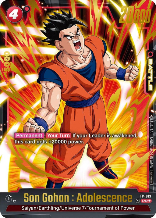 A trading card features an anime character with spiky black hair, wearing an orange gi with a blue undershirt and belt, shouting fiercely. The card from Dragon Ball Super: Fusion World displays stats: 20,000 power, 4 energy cost, and special rules. The background is dynamic and fiery.