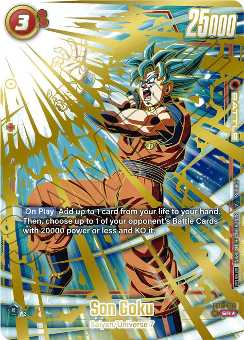 A Dragon Ball Super: Fusion World trading card featuring "Son Goku" (FB01-015) (Championship 2024-2025 Regionals) [Fusion World Tournament Cards] with blue hair in a golden aura. This Super Rare card boasts a power level of 25000 and costs 3 energy. It includes special effects, dynamic artwork of Goku in an action pose, and various stats and descriptions in the background.