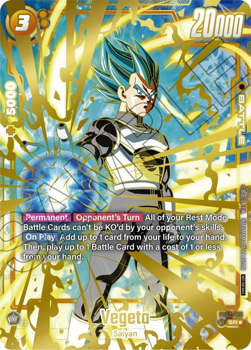 A Dragon Ball Super: Fusion World trading card featuring Vegeta (FB02-133) (Championship 2024-2025 Regionals) [Fusion World Tournament Cards], with blue and yellow hair in a dramatic pose. Surrounded by glowing yellow energy, this Super Rare card includes stats: 3 cost, 20000 power, and 5000 combo. The text box lists special abilities and effects in small print.