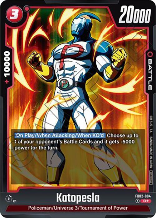 A trading card featuring Katopesla (FB02-004) (Tournament Pack 02) [Fusion World Tournament Cards] from Dragon Ball Super: Fusion World. It displays his name and titles "Policeman/Universe 3/Tournament of Power" at the bottom. The attack power is 20,000, and defense power is +10,000. With a fiery background, the card includes various details about its usage in Battle Cards games.