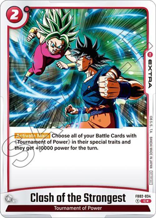 A trading card titled "Clash of the Strongest (FB02-034) (Tournament Pack 02) [Fusion World Tournament Cards]" from the Dragon Ball Super: Fusion World series. It features a powerful scene of two characters: a female character with green hair and a male character with spiky black hair, clashing fists amidst an explosive blue and yellow energy backdrop.