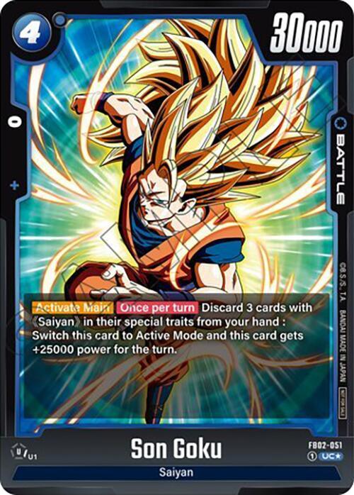 A trading card from the Dragon Ball Super: Fusion World set featuring Son Goku (FB02-051) (Tournament Pack 02) [Fusion World Tournament Cards] with blond hair in Super Saiyan form, surrounded by a bright aura. The battle card has blue edges and a power level of 30,000. Text reads "Activate: Main. Once per turn. Discard 3 cards with (Saiyan) in their special traits from your hand: Switch this card to Active Mode and