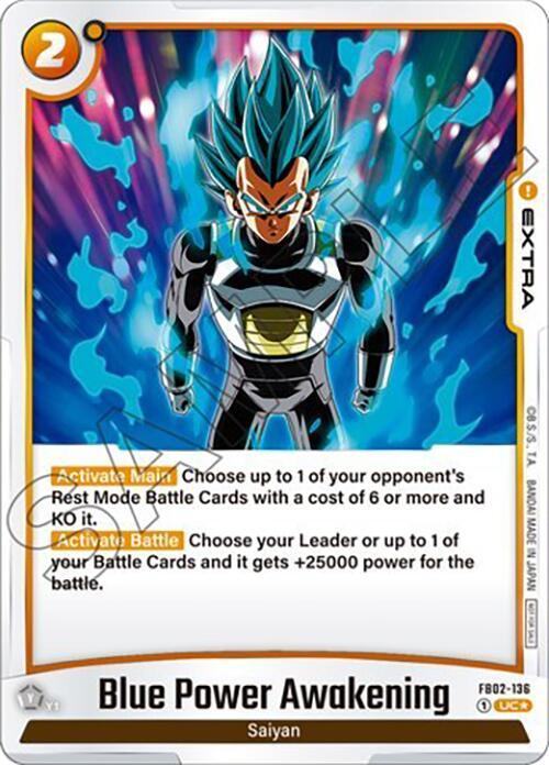 A Dragon Ball Super card titled "Blue Power Awakening (FB02-136) (Tournament Pack 02) [Fusion World Tournament Cards]" from the Dragon Ball Super: Fusion World series, featuring a Saiyan character with spiky blue hair, intense eyes, and a glowing blue aura. The card’s cost is 2, with abilities "Activate: Main" and "Activate: Battle," and the card number is F802-136.