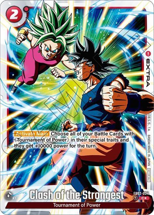 A vibrant card from the Dragon Ball Super: Fusion World card game titled "Clash of the Strongest (FB02-034) (Tournament Pack -Winner- 02) [Fusion World Tournament Cards]" from the Tournament of Power series displays two characters in a fierce battle, emitting powerful energy blasts. Text reads: "Activate Main: Choose all of your Battle Cards with (Tournament of Power) in their special traits and they get +10000 power for the turn.