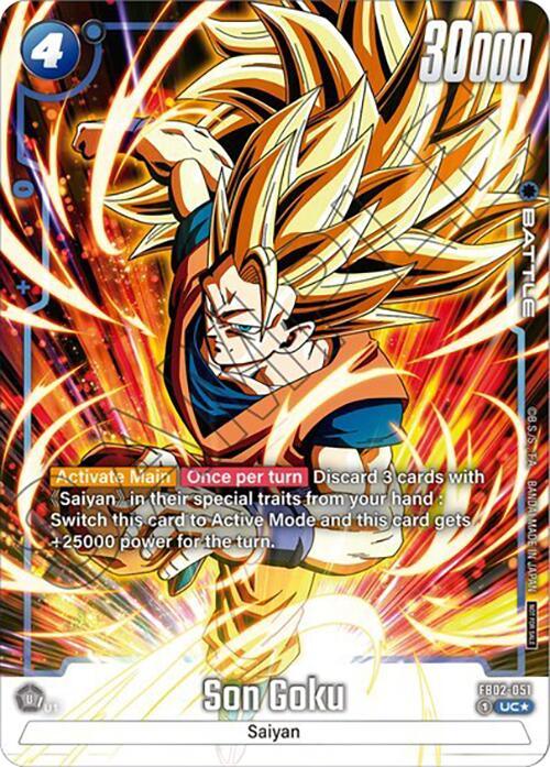 A Dragon Ball Super: Fusion World trading card featuring Son Goku in Super Saiyan form with glowing golden hair and energy aura. The card, titled Son Goku (FB02-051) (Tournament Pack -Winner- 02) [Fusion World Tournament Cards], has a power level of 30,000 and an ability that boosts power when activated. Text on the card describes the character's Saiyan traits and game mechanics.