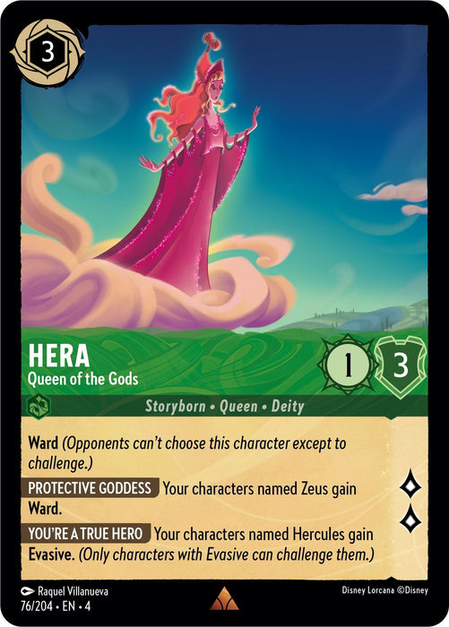 A rare Disney Lorcana trading card featuring "Hera - Queen of the Gods (76/204) [Ursula's Return]" with a cost of 3. Hera is depicted in a flowing pink gown with a tiara, set against a sky and landscape background. The card showcases stats of 1 Strength and 3 Willpower, with abilities Ward, Protective Goddess, and You're A True Hero.