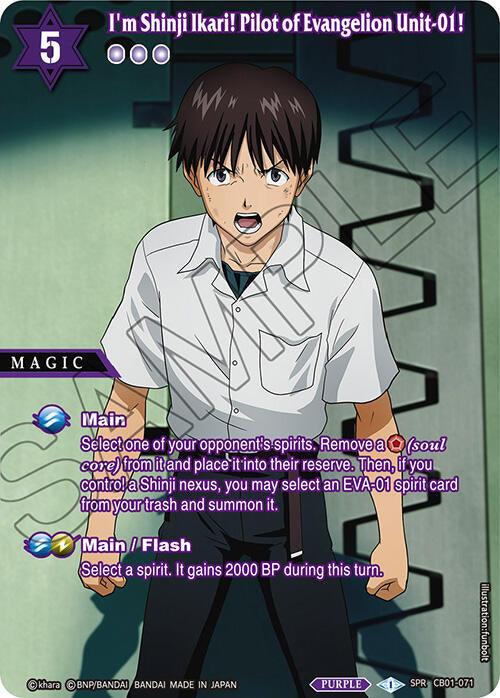 A trading card titled "I'm Shinji Ikari! Pilot of Evangelion Unit-01!" (SPR) (CB01-071) [Collaboration Booster 01: Halo of Awakening] shows an anime character in a school uniform clenching his fists and looking determined. This Special Rare from Bandai features two sections labeled "Main" and "Main / Flash" with descriptions of their abilities. The card’s color is predominantly purple.