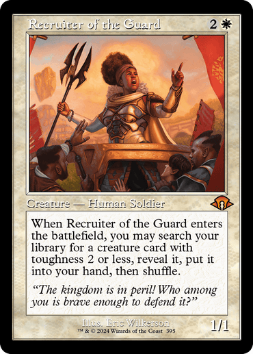 A Magic: The Gathering card titled "Recruiter of the Guard (Retro) [Modern Horizons 3]," featured in Magic: The Gathering. The card depicts a woman in armor raising her arm and speaking to three people. It costs two colorless and one white mana. Its effect allows you to search your library for a creature card with toughness two or less when it enters the battlefield.