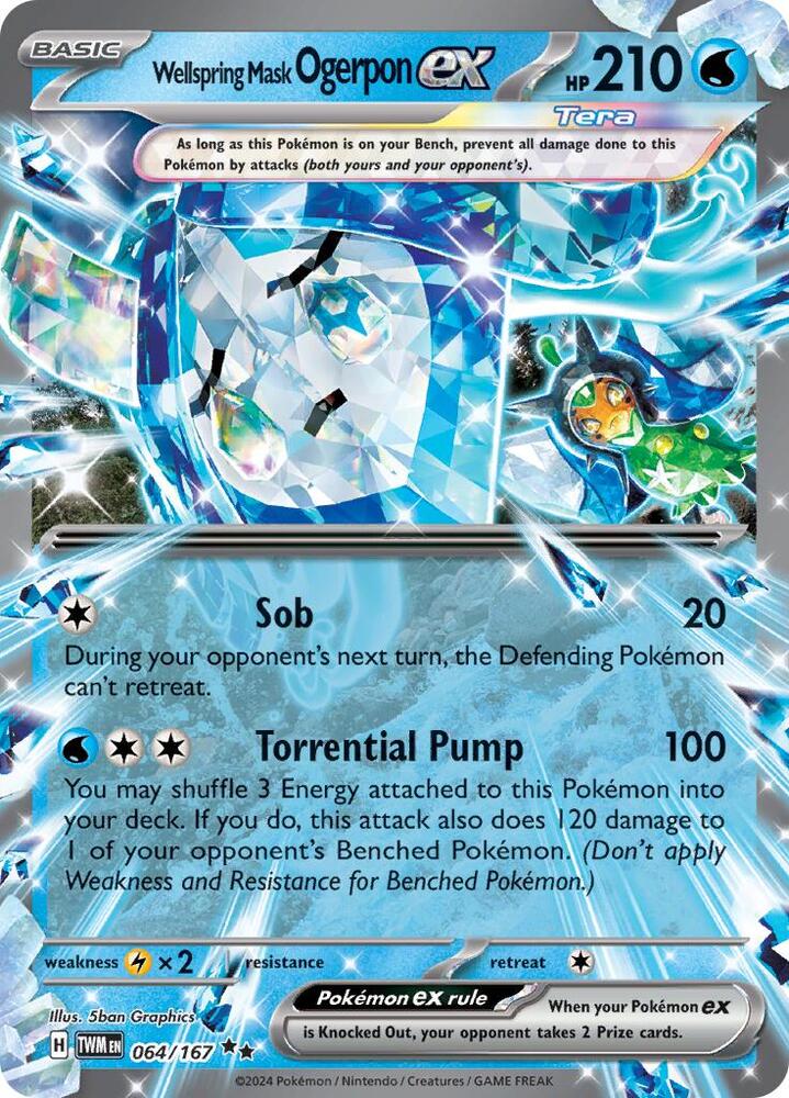 This Pokémon card, Wellspring Mask Ogerpon ex (064/167) from Scarlet & Violet: Twilight Masquerade, features stunning blue and silver artwork with a water theme. A Double Rare with 210 HP, it includes attacks like 