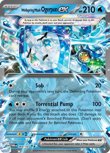 This Pokémon card, Wellspring Mask Ogerpon ex (064/167) from Scarlet & Violet: Twilight Masquerade, features stunning blue and silver artwork with a water theme. A Double Rare with 210 HP, it includes attacks like "Sob" and "Torrential Pump," and has holographic elements that shine brilliantly.