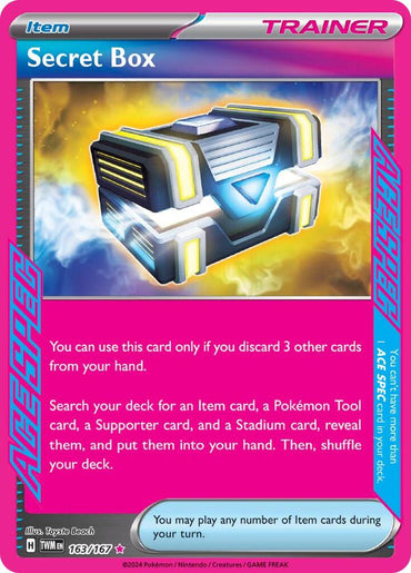 The image shows a Pokémon TCG Trainer Item card, "Secret Box" (163/167) from the Scarlet & Violet: Twilight Masquerade set. It depicts a glowing metallic box with blue and yellow details on a cosmic background and includes text on discard conditions and how to find specific cards.