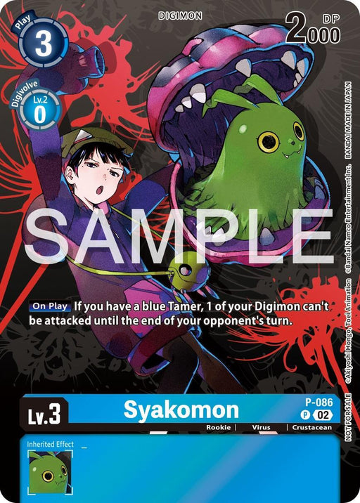 A Digimon card featuring Syakomon [P-086] (Official Tournament Pack Vol.13) [Promotional Cards], a green, tentacled crustacean-like creature with red eyes. The card shows a young, black-haired Tamer in a dark outfit, alongside Syakomon. This promo card includes play cost, level, stats, and special effects text. The word 'SAMPLE' is overlaid on the image.