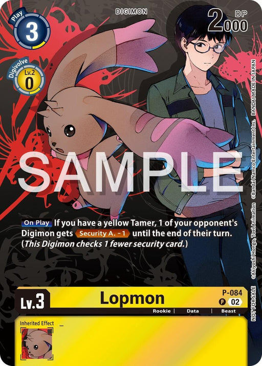 A Lopmon [P-084] (Official Tournament Pack Vol.13) [Promotional Cards] Digimon card features a person with short hair, glasses, and a green jacket holding the beast-like Lopmon. It shows 3 Play Points, 2000 DP, Level 2 Digivolve, and Lopmon's effects. The red and gray background has a SAMPLE watermark.
