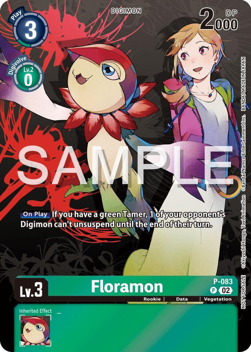 A Promotional Card featuring Floramon [P-083] (Official Tournament Pack Vol.13) [Promotional Cards], a plant-themed Digimon with a colorful flower-like appearance. The card has a "Lv. 3" indicator, 2000 DP, and a play cost of 2. To the right, a green Tamer stands cheerfully against an abstract background. The card text details Floramon's in-game effects from the Digimon brand.