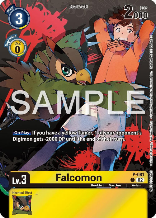 A promotional Digimon card featuring Falcomon [P-081] (Official Tournament Pack Vol.13) [Promotional Cards], a Rookie level, Digi type Avian, Vaccine attribute Digimon with 2000 DP. The card has a blue Play Cost number 3 and a yellow Digivolve Cost number 0 from Level 2. A young male character stands in the background as effects are detailed in the text box.
