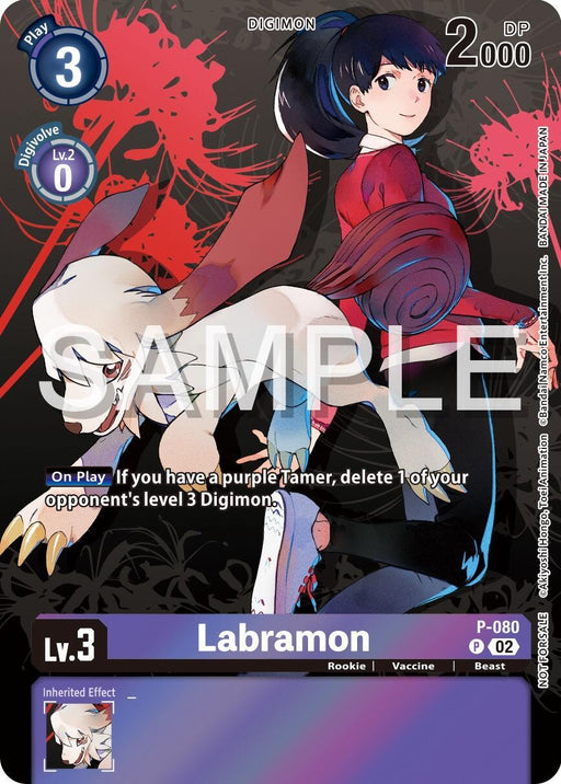 A Labramon [P-080] (Official Tournament Pack Vol.13) [Promotional Cards] featuring a girl and Labramon against a stylized background. The card includes various game stats: "3" in the top-left corner, "2000 DP" in the top-right, and text explaining its effects in play. The bottom section displays Labramon's name, level, type, and inherited effect.