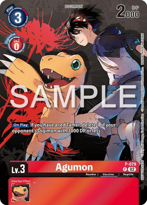 A promotional Digimon game card featuring Agumon [P-079] (Official Tournament Pack Vol.13) [Promotional Cards], a small orange dinosaur with green eyes. The card shows it leaping forward with a determined expression. In the background is a DigiDestined character with black hair and a red device. Text details abilities, stats (Lv. 3), and play cost (3).