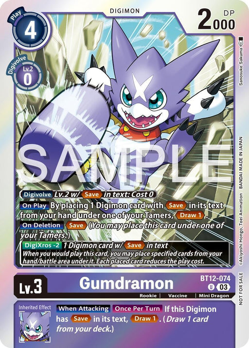 A Digimon trading card featuring "Gumdramon [BT12-074] (Official Tournament Vol.13 Winner Pack) [Across Time Promos]" with a blue border and "Play Cost: 4." Gumdramon, a fierce purple dragon, wields a lightning spear. The card displays "DP: 2000" and evolution details. Labeled as a promo, the word "SAMPLE" is overlaid on the image.