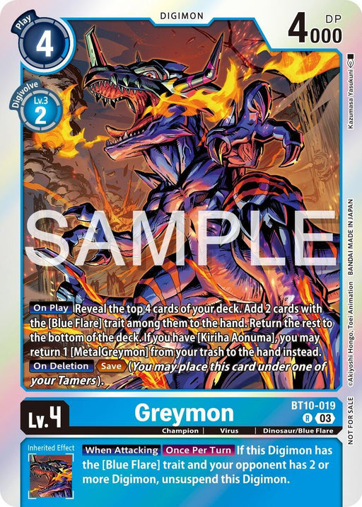 A Digimon card titled "Greymon [BT10-019] (Official Tournament Vol.13 Winner Pack) [Xros Encounter Promos]" with play cost 4, digivolve cost 2, and 4000 DP. It features a dinosaur-like creature armored against a fiery background. Card effects and abilities are detailed below the image. A diagonal "SAMPLE" watermark is overlaid on this Promo card from the Digimon series.