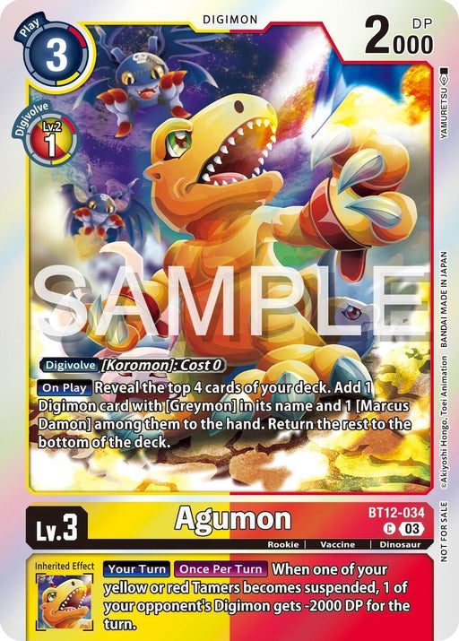 A Digimon card for Agumon [BT12-034] (Official Tournament Vol.13 Winner Pack) [Across Time Promos]. It is yellow and red, featuring an illustration of Agumon. The card has 2000 DP and a play cost of 3. The On Play and inherited effects are described, with references to Digivolutions from "Koromon" or into "Greymon," and cost reduction for opponent's Digimon.
