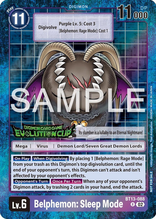 A Digimon card displaying Belphemon: Sleep Mode [BT13-088] (2024 Evolution Cup) [Versus Royal Knights Booster Promos], a Level 6 Demon Lord Digimon. The card, marked "SAMPLE," shows the Digimon with grey fur, closed eyes, horns, and sharp claws. It details various attributes, effects, and stats including a Play Cost of 11 and 11,000 DP. Background includes "DIGIMON CARD GAME EVOLUTION CUP