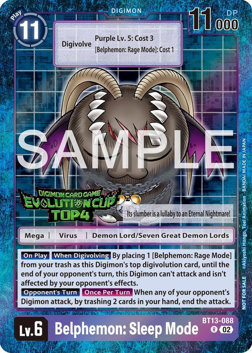 A Digimon promo card titled "Belphemon: Sleep Mode [BT13-088] (2024 Evolution Cup Top 4) [Versus Royal Knights Booster Promos]." The card features a purple Digimon with large horns and a stitched mouth, surrounded by fluffy pillows. Below the image, game-related text details its abilities: on-play effects, evolution conditions, and Versus Royal Knights impacts. The card is marked "Sample.