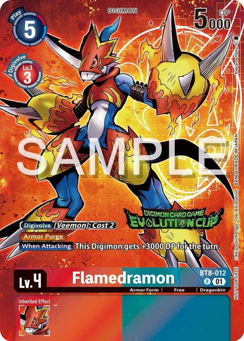 A Digimon card featuring Flamedramon [BT8-012] (2024 Evolution Cup) [New Awakening Promos], a fiery Dragonkin with red armor and blue limbs. In an action pose with claws extended against a digital background, the card showcases play cost (5), power (5000 DP), and level (4). Text and icons are visible around the image. Includes special ability: Armor Purge.