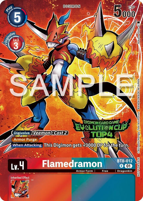 Image of a Digimon card featuring Flamedramon [BT8-012] (2024 Evolution Cup Top 4) [New Awakening Promos], a red and blue armored Dragonkin in its Armor Form, standing in an action pose. The card showcases various stats including '5000 DP' and 'Lv. 4.' The top-right corner indicates a 'Play' cost of 5, with 'SAMPLE' text emblazoned across the card.