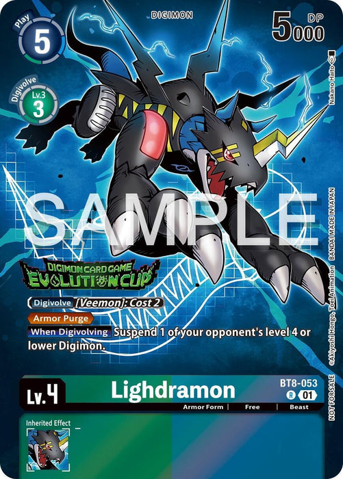 A Digimon card from the New Awakening Promos featuring Lighdramon [BT8-053] (2024 Evolution Cup) [New Awakening Promos] with a play cost of 5 and 5000 DP. The card depicts a blue and black dragon with yellow accents, claws, and cybernetic elements. It includes attributes such as level 4, an evolution cost of 3 from Veemon, and an inherited effect of "Armor Purge."
