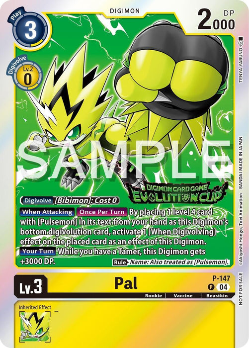 The image shows a Digimon trading card for "Pal [P-147] (2024 Evolution Cup) [Promotional Cards]." This promo card has a yellow theme and features an illustration of Pal, a small electric creature with sharp features and yellow fur. The card details include Level 3, Play Cost of 3, and 2000 DP. It has text about evolving from Bibimon and its abilities.