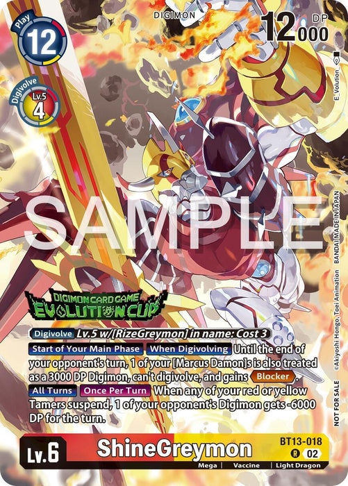 A Digimon promo card featuring ShineGreymon [BT13-018] (2024 Evolution Cup) [Versus Royal Knights Booster Promos], identified as Lv. 6 and BT13-018, has a background that depicts the yellow and red winged dragon emitting rays of light. The card details ShineGreymon's abilities and stats with "Evolution Cup" prominently displayed, setting the stage for Versus Royal Knights battles.
