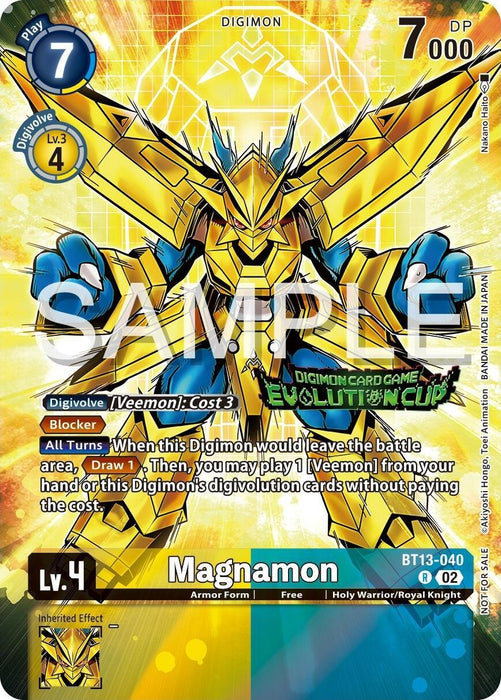 Image of the Digimon card "Magnamon [BT13-040] (2024 Evolution Cup) [Versus Royal Knights Booster Promos]" from the Digimon Card Game. The card shows a yellow and blue armored Digimon with wings and a futuristic design. It has a play cost of 7, 7000 DP, is level 4, and has special abilities listed. A "SAMPLE" watermark covers parts of this Versus Royal Knights Booster Promos card.