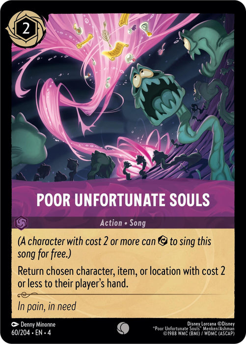 A Disney Lorcana TCG card titled "Poor Unfortunate Souls (60/204) [Ursula's Return]," with a cost of 2. The illustration features Ursula from "The Little Mermaid" casting a spell. In the text box, the card's mechanics return chosen character, item, or location with cost 2 or less to the player's hand. Poor Unfortunate Souls (60/204) [Ursula's Return] is marked as Common Rarity with a