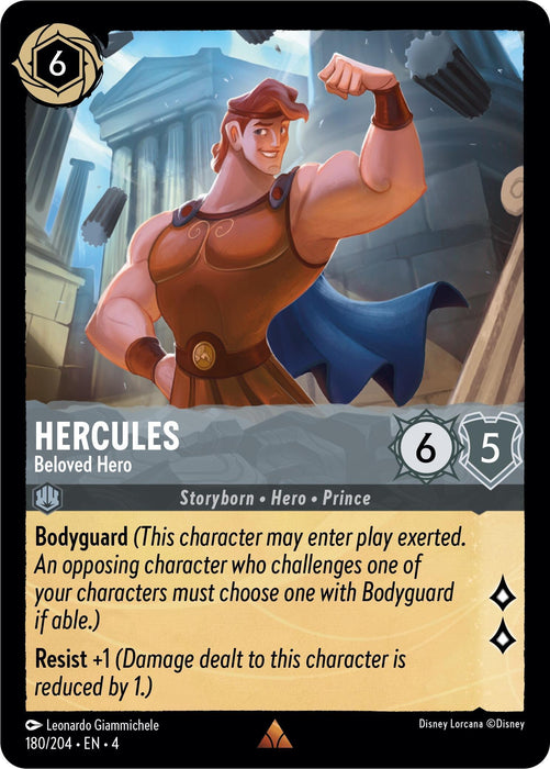 A card from Disney Lorcana titled **Hercules - Beloved Hero (180/204) [Ursula's Return]** showcases Hercules flexing his muscles, adorned with a headband, wristbands, and a blue cape. Numbered 180/204, this card features abilities like Bodyguard and Resist. With an energy cost of 6, Hercules boasts 6 attack and 5 defense.
