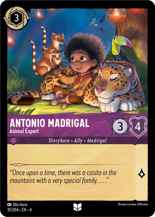 An illustrated card featuring a child named Antonio Madrigal, sitting joyfully among various animals, including a jaguar, a toucan, and two capybaras. The card details Anthony as an uncommon 3-cost "Animal Expert" with 3 attack and 4 defense, and includes a story excerpt: "Once upon a time, there was a casita in the mountains with a very

**Antonio Madrigal - Animal Expert (35/204) [Ursula's Return] by Disney**