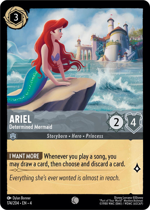 A trading card featuring Ariel - Determined Mermaid (174/204) [Ursula's Return] by Disney, with red hair, sitting on a rock by the sea with a castle in the background. The card has a cost of 3 and stats of 2 strength and 4 willpower. Her ability lets you draw and discard a card when you play a song. The card text reads, "Everything she’s ever wanted is almost in reach." Illustrated