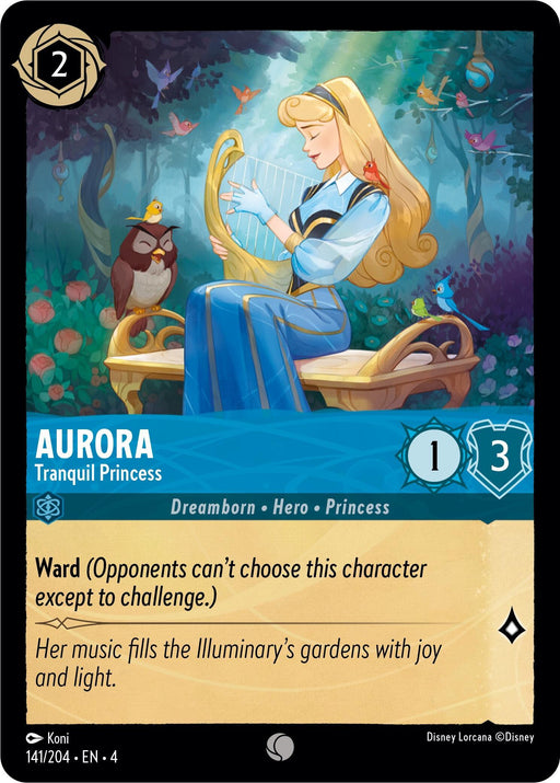 Aurora, the Tranquil Princess, dressed in a blue gown, is seated on a wooden bench amidst lush greenery and flowers in the Illuminary's gardens. She's playing a harp with an owl and squirrel nearby. The card title reads "Aurora - Tranquil Princess (141/204) [Ursula's Return]" and details her attributes and abilities, with whimsical design elements surrounding the text. The card belongs to Disney.